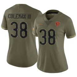 Women's Douglas Coleman III Chicago Bears No.38 Limited 2022 Salute To Service Jersey - Olive